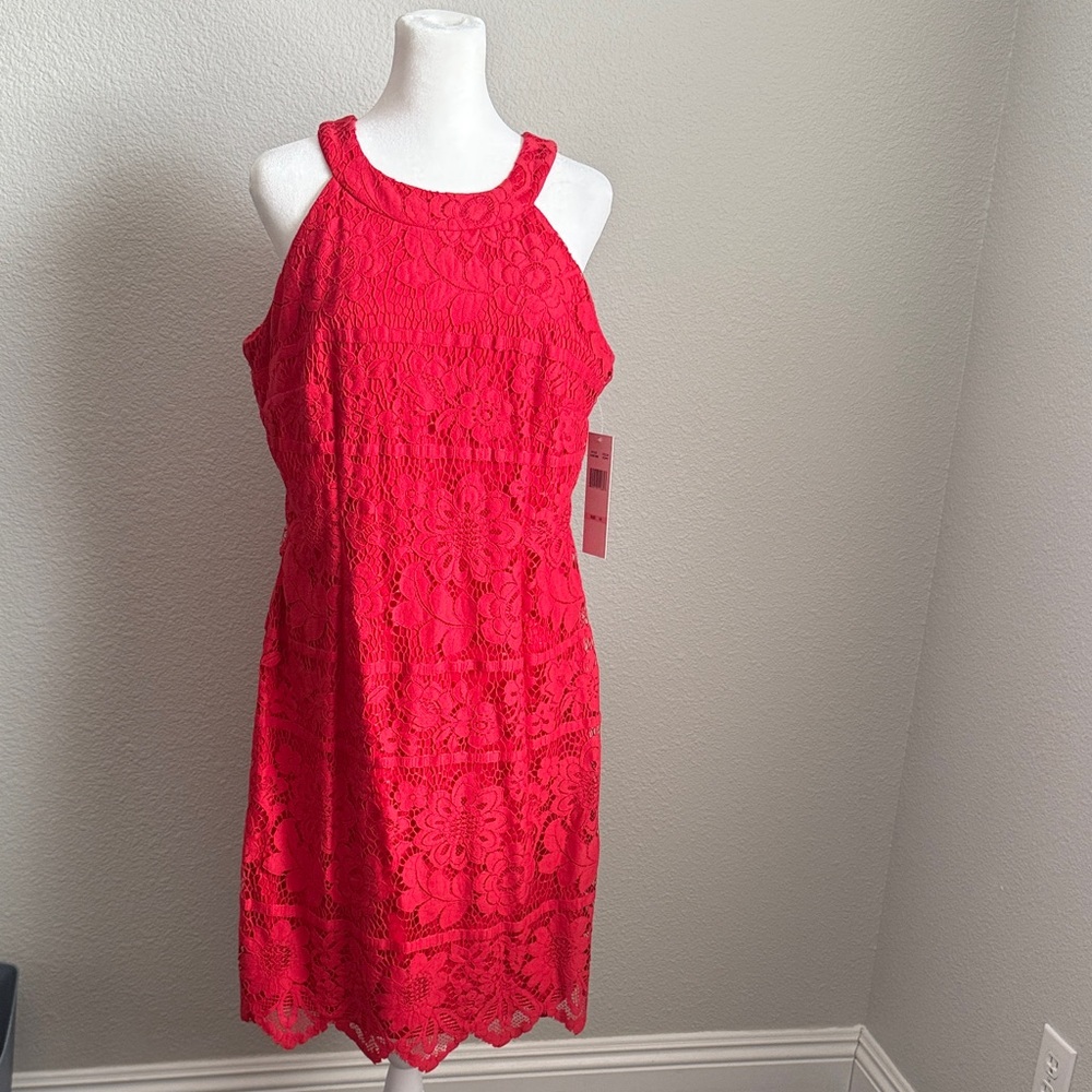 NWT Chetta B Vibrant Red/Orange Lace Mini Dress